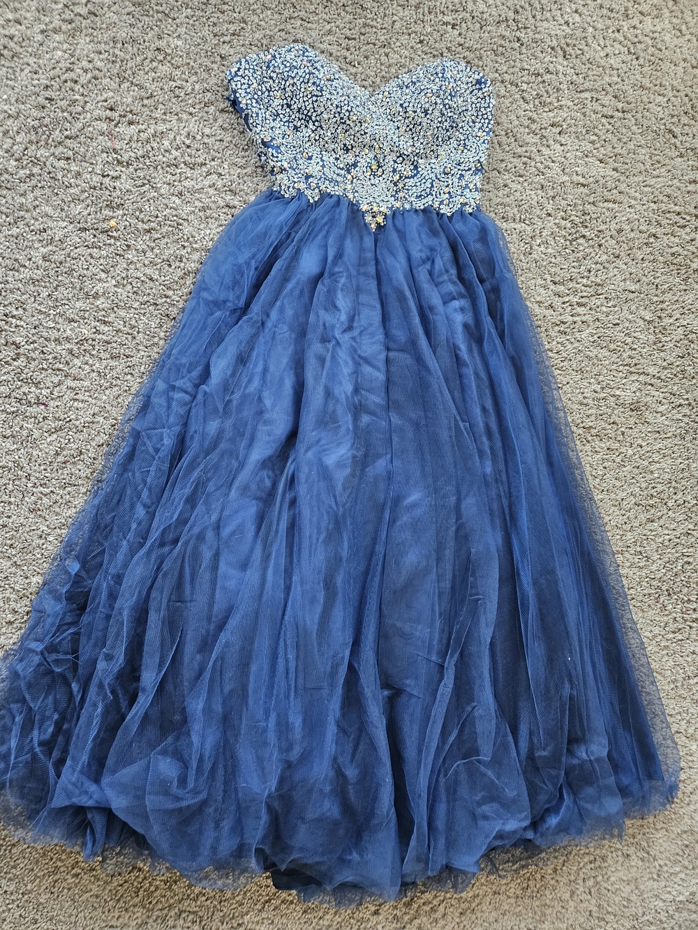 Strapless Navy Blue Tulle Prom Dress with Beaded Bodice